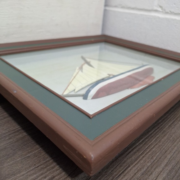 Nautical 3D Sailboat Shadow Box Wall Art Brown Wood Frame Blue White Ship 16x13 - Picture 2 of 8